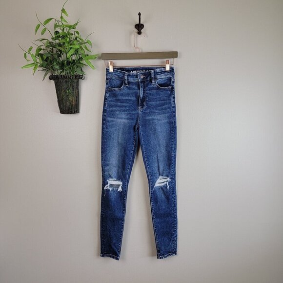 AE 0 Super Hi Rise Jegging Dark Wash Distressed Skinny Ripped Stretch Jeans - Picture 1 of 15
